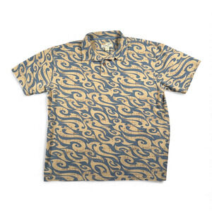 Vintage Crazy Shirts Polo Adult LARGE Brown Blue Tribal Wave Hawaiian Aloha Y2K